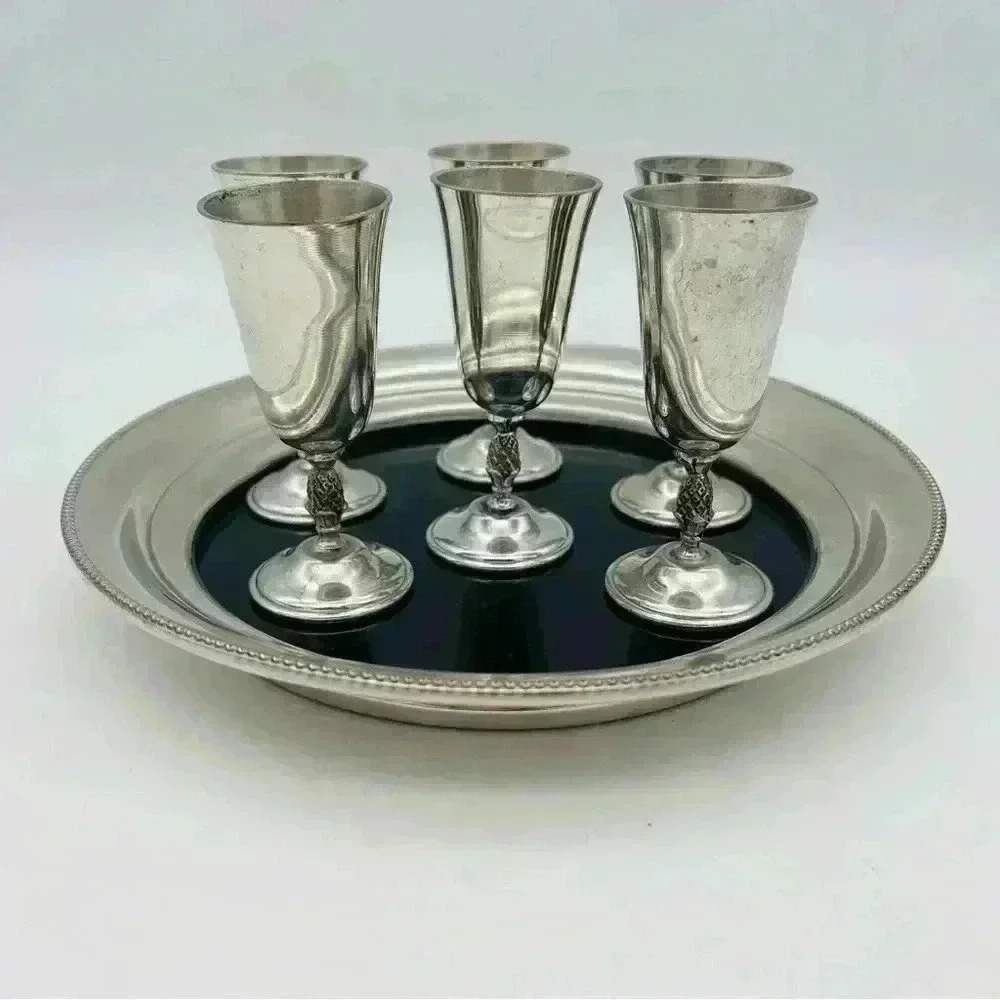 Revere Pewter 6 Cordial Pineapple Stem Footed Glasses with tray